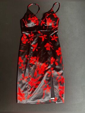 GUESS Black Red Floral Satin Mini Dress Size 0 Fit & Flare Y2K